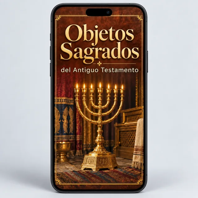 Mockup del ebook Objetos Sagrados del Antiguo Testamento en la pantalla de un celular