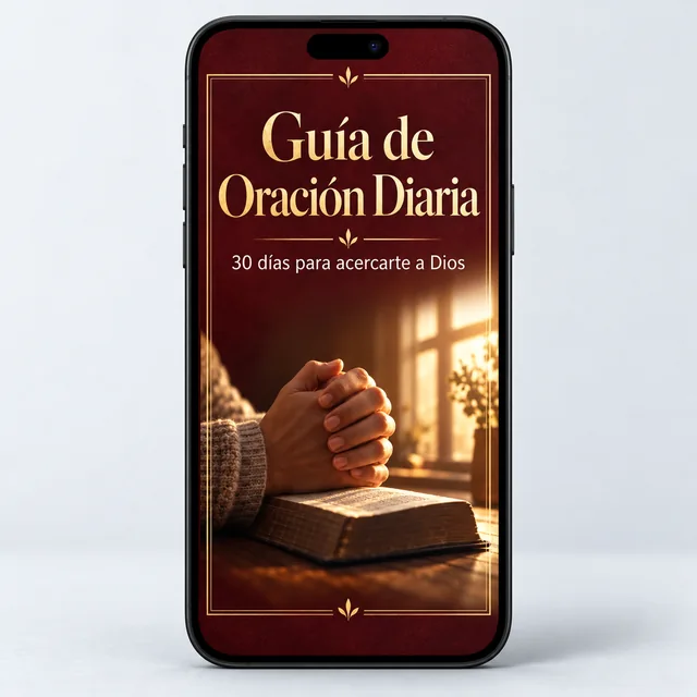 Mockup del ebook Guía de Oración Diaria en la pantalla de un celular