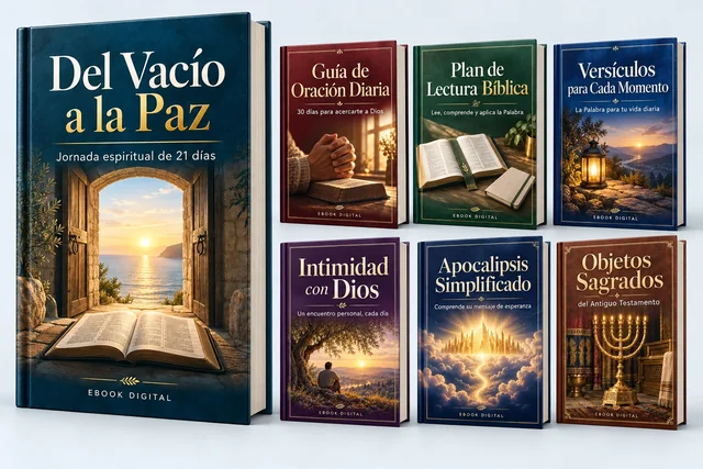 Los siete PDFs incluidos en la oferta, con el ebook principal Del Vacío a la Paz en primer plano.