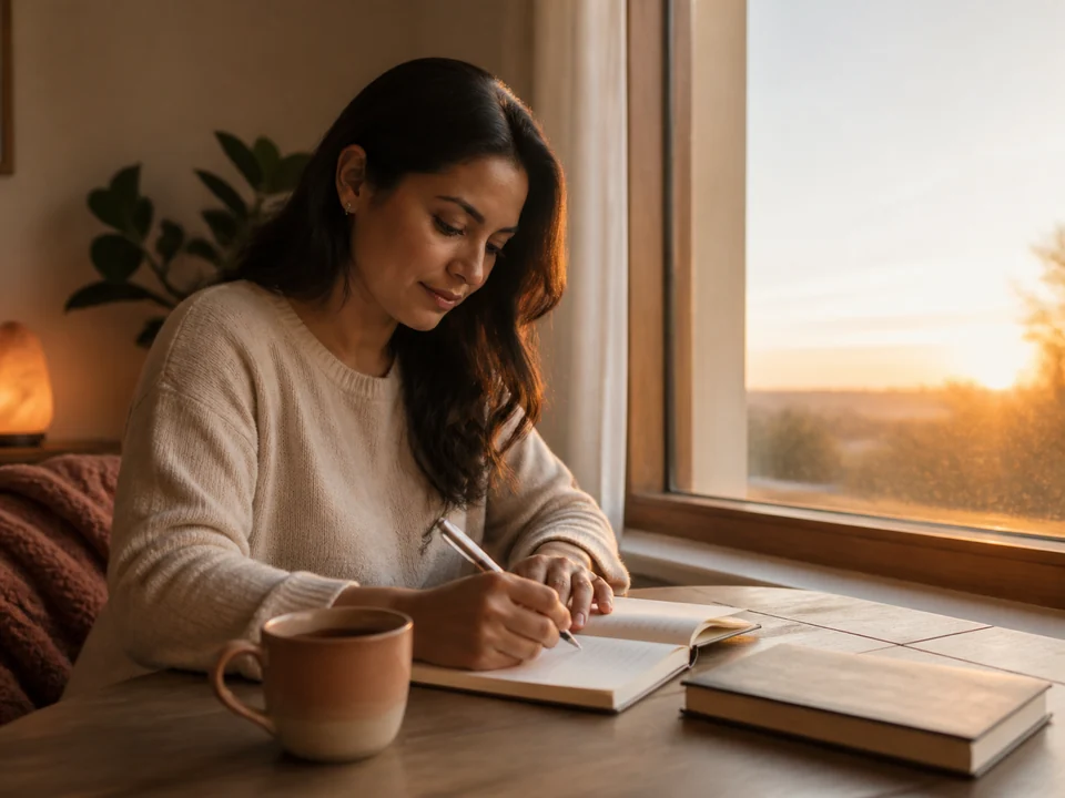 Mujer escribiendo en un diario junto a una ventana